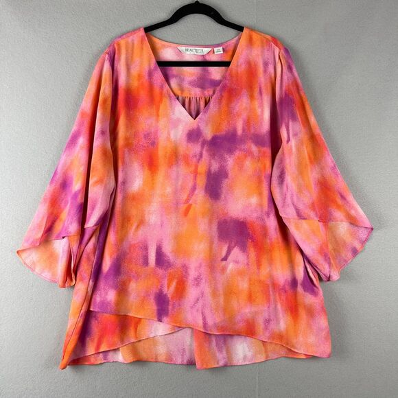 Beautiful By Lawrence Zarian Tunic Top Womens 2X Pink Paradise Flowy Relaxed Art - Picture 1 of 14